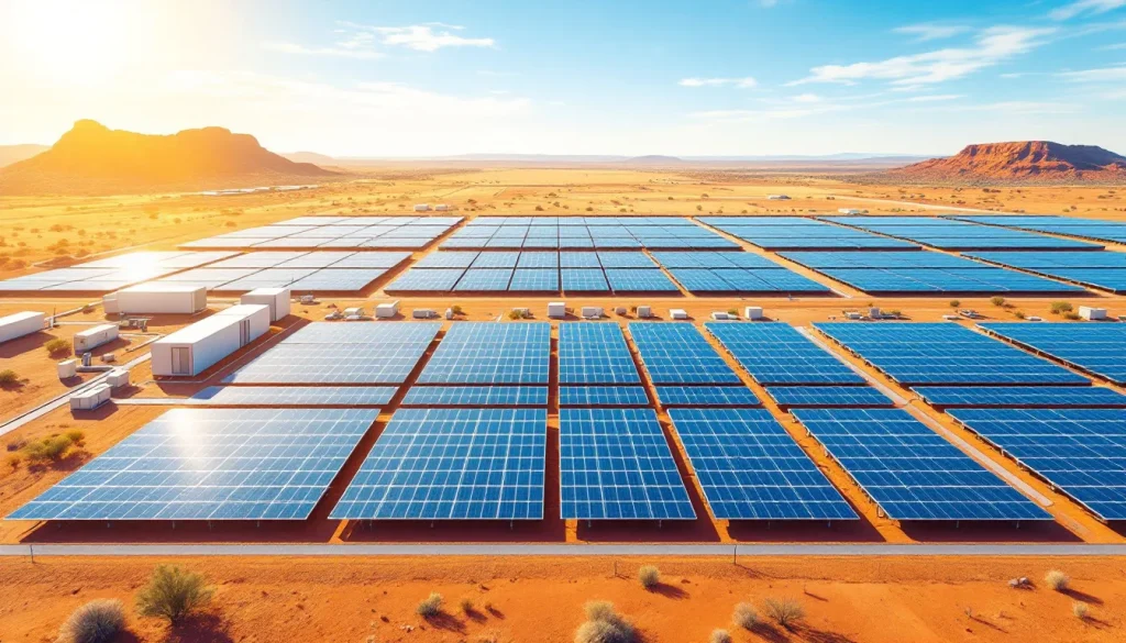 Ilustración conceptual de instalación híbrida solar y almacenamiento en baterías a escala industrial