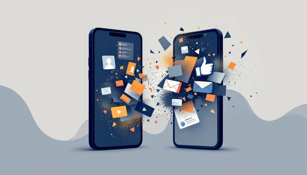 Ilustración conceptual de crisis de reputación corporativa en redes sociales con formas geométricas fragmentadas